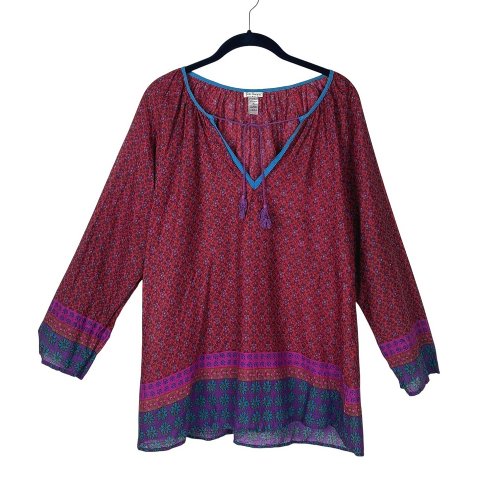 Natural Life Live Happy Womens Floral Cotton Tunic Top Size M Boho Hippie